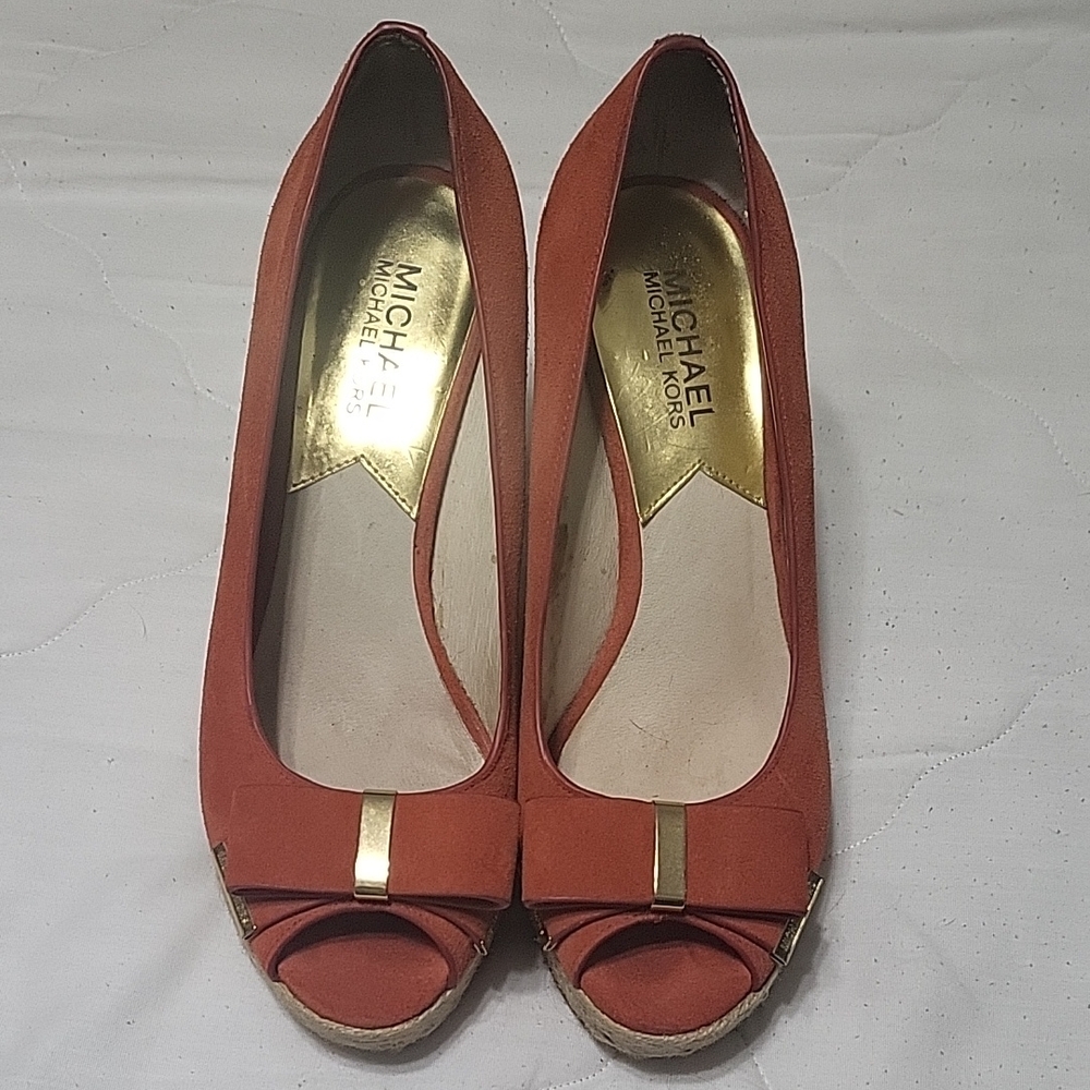 Michael Kors Orange Peep-Toe Wedge Pumps with Gold Accent